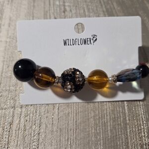 Wildflower Beaded Stretch Bracelet Amber Black Crystal Rhinestone Boho NWT